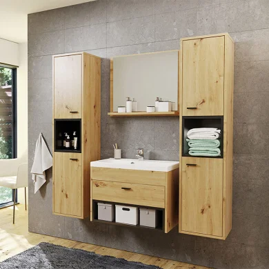 Mobile bagno sospeso 140cm con lavabo, specchio e colonne rovere nero Florentina