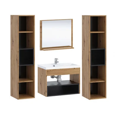 Mobile bagno sospeso 140cm con lavabo, specchio e colonne rovere nero Florentina
