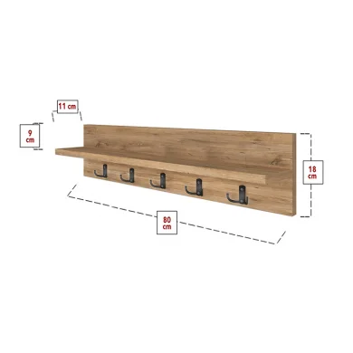 Appendiabiti da parete 80x18h cm con mensola rovere Makira