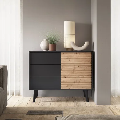 Madia 104x83h cm 3 cassetti moderna rovere cannettato nero Tonk