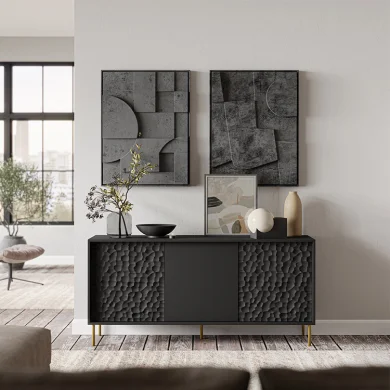Credenza 155x73h cm 3 ante moderna soggiorno nero oro Osaka
