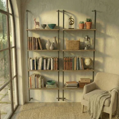 Libreria da parete 76x151h cm con 4 ripiani industrial noce metallo nero Bering