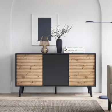 Madia 154x83h cm 3 ante soggiorno design rovere cannettato nero Tonk