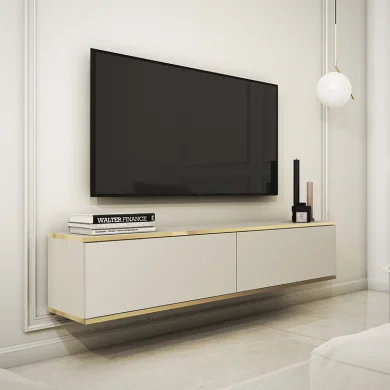 Mobile porta TV sospeso 135x30h cm 2 ante moderno beige oro Linus
