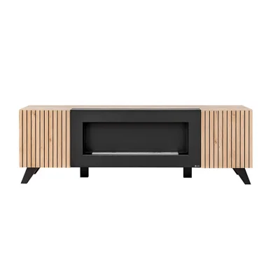 Parete attrezzata con biocamino 340x192h cm noce con stampa nera Mendes