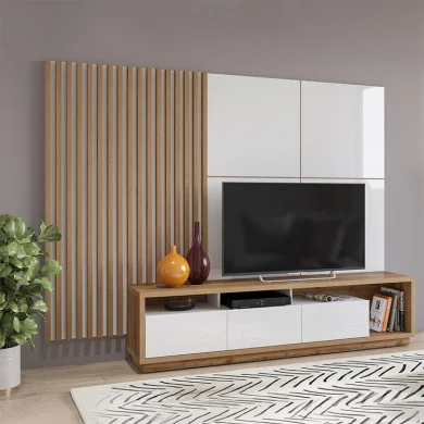 Parete attrezzata 251x196h cm moderna bianco lucido rovere Favorita