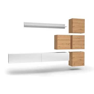 Parete attrezzata sospesa 300x210h cm bianco lucido rovere Tempus