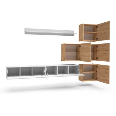 Parete attrezzata sospesa 300x210h cm bianco lucido rovere Tempus