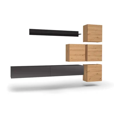 Parete attrezzata sospesa 300x210h cm nero lucido rovere Tempus