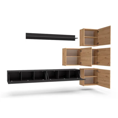 Parete attrezzata sospesa 300x210h cm nero lucido rovere Tempus