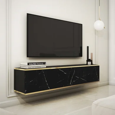 Mobile porta TV sospeso 135x30h cm 2 ante moderno effetto marmo nero oro Linus