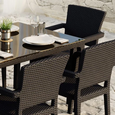 Set tavolo da giardino esterno bar dehors 150x90cm + 6 sedie con braccioli effetto rattan marrone Bora