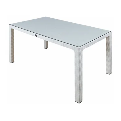 Set tavolo da giardino esterno bar dehors rettangolare 150x90cm + 6 sedie effetto rattan bianco Conchiglia
