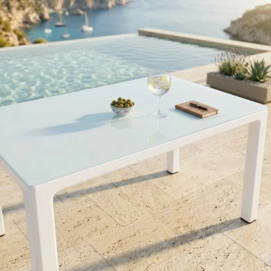 Tavolo moderno da giardino esterno bar dehors con vetro 150x90cm bianco Teodoro