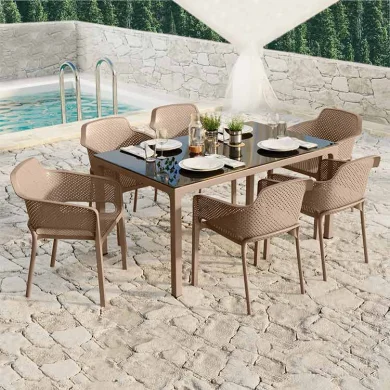 Tavolo 150x90cm da giardino esterno bar dehors tortora con vetro Teodoro