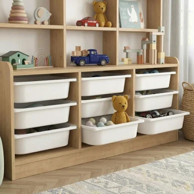 Mobile portagiochi 133x115h cm 9 scaffali e cassettiera rovere Fast Concordia