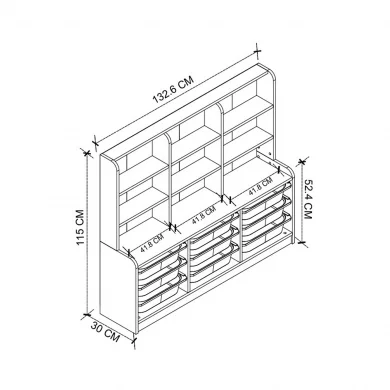 Mobile portagiochi 133x115h cm 9 scaffali e cassettiera rovere Fast Concordia