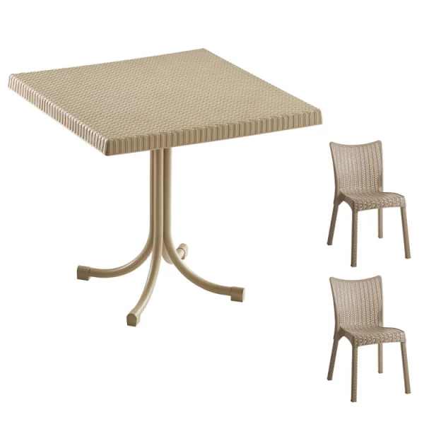 Set tavolo 80x80cm + 2 sedie da giardino polipropilene tortora Blossom