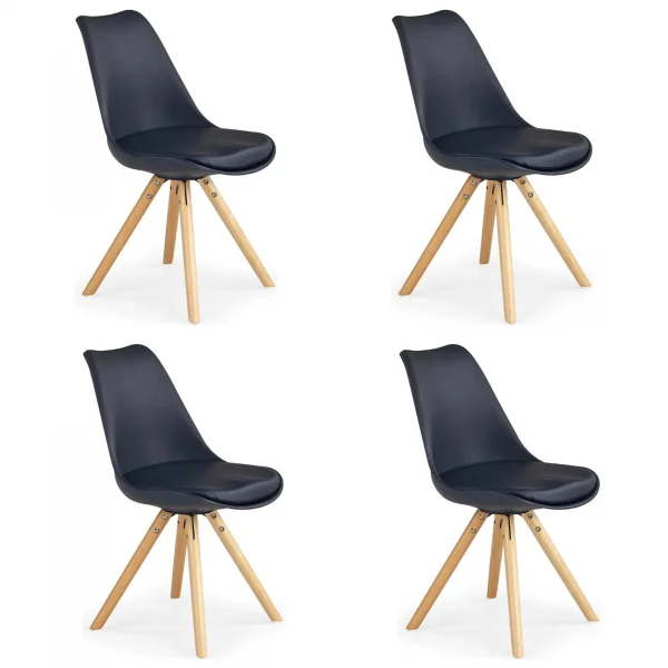 Set 4 sedie sala da pranzo in ecopelle design moderno nero gambe in legno rovere Nives