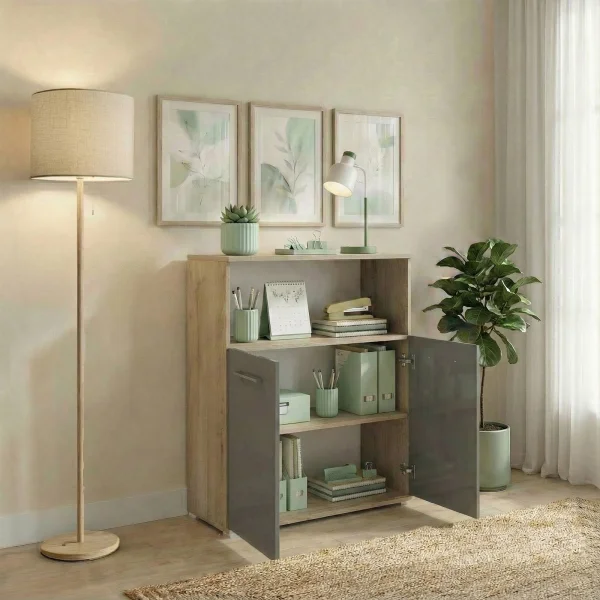 Mobile multiuso con ripiano ufficio 80x106h cm 2 ante rovere antracite lucido Time C