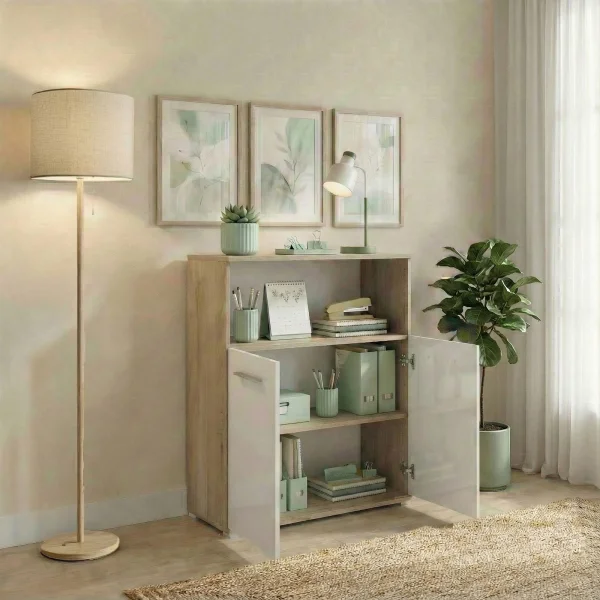 Mobile multiuso con ripiano ufficio 80x106h cm 2 ante rovere bianco lucido Time C