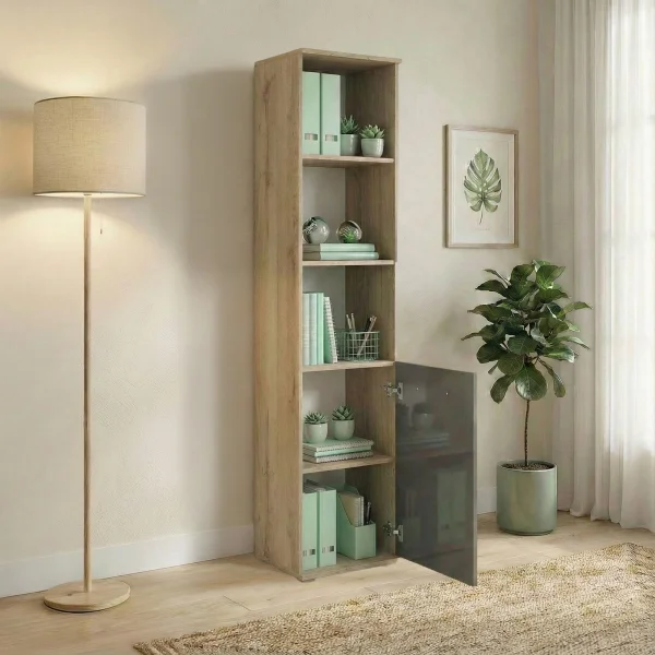 Colonna ufficio 40x176h cm libreria 1 anta e ripiani rovere antracite lucido Time D