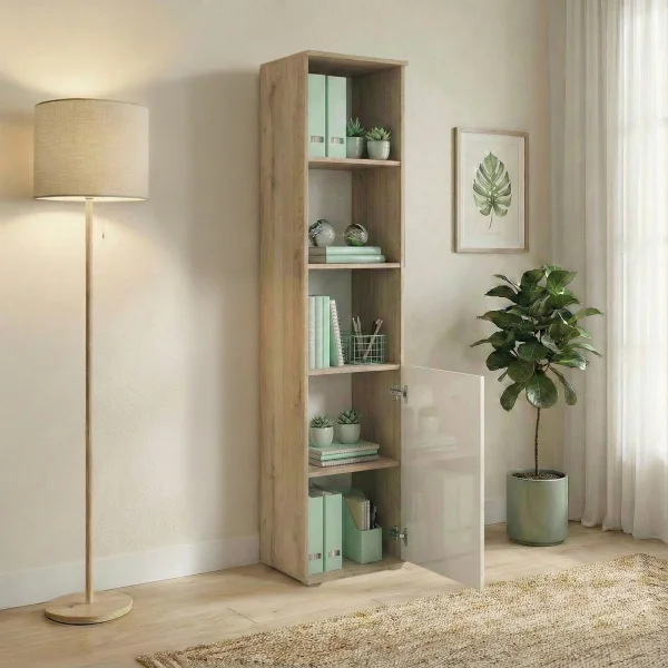 Colonna ufficio 40x176h cm libreria 1 anta e ripiani rovere bianco lucido Time D