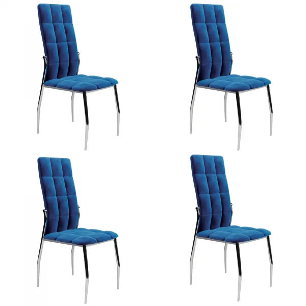 Set 4 sedie moderne imbottite in velluto blu acciaio cromato Reina