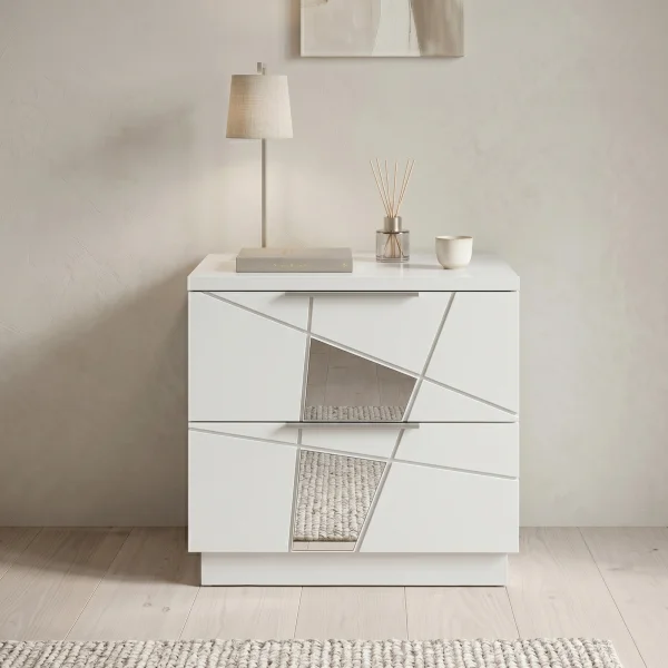 Set 2 comodini 51x48h cm con cassetti bianco opaco frassinato con serigrafia e specchio Olimpo