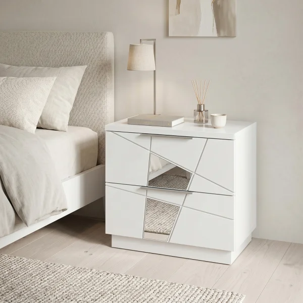 Set 2 comodini 51x48h cm con cassetti bianco opaco frassinato con serigrafia e specchio Olimpo