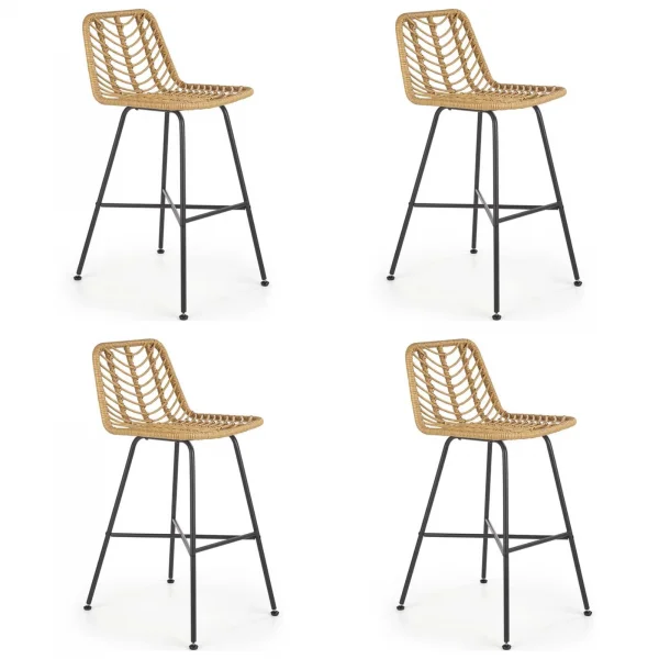 Set 4 sgabelli h100 cm da bar in rattan beige e metallo nero Fresh