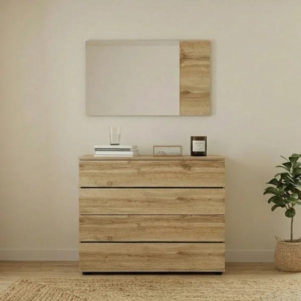 Comò 80x80h cm 4 cassetti con specchio moderno  quercia Tamika