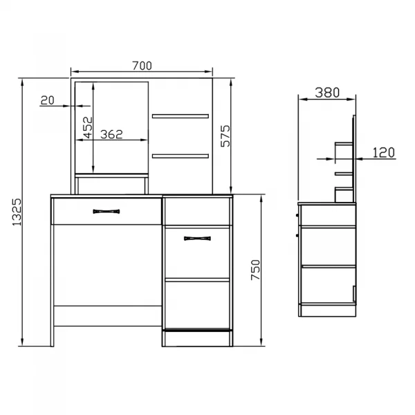 Scrivania moderna con specchio 90x38cm rovere bianco lucido Cesare