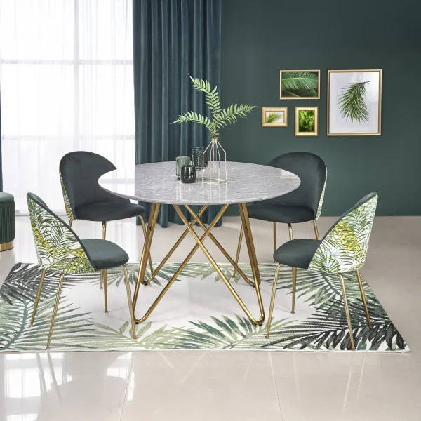 Tavolo rotondo 120x120cm moderno effetto marmo grigio acciaio oro Arak