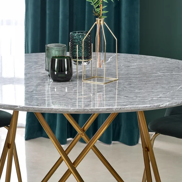 Tavolo rotondo 120x120cm moderno effetto marmo grigio acciaio oro Arak