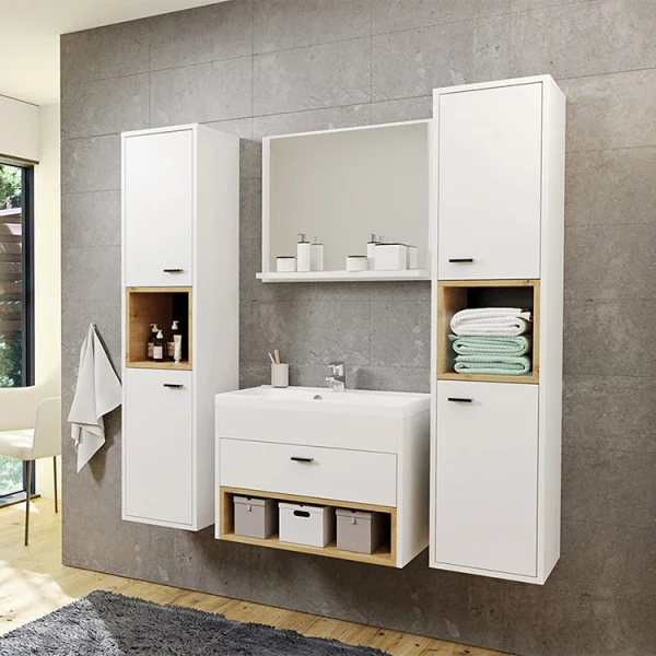 Mobile bagno sospeso 2 pensili moderno 140x133cm bianco rovere Florentina