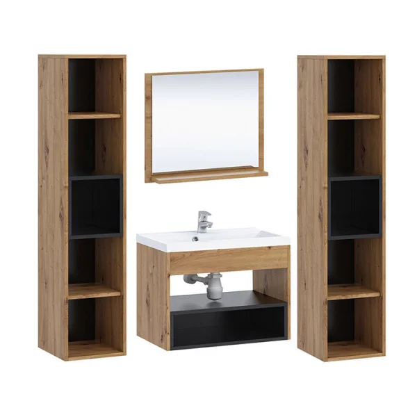 Mobile bagno sospeso 140cm con lavabo, specchio e colonne rovere nero Florentina