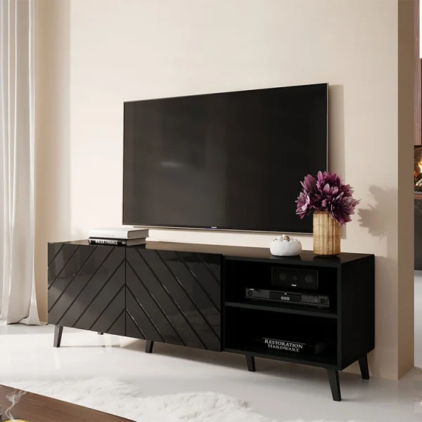 Mobile porta TV 150x52h cm con frontale decorato nero lucido Placida