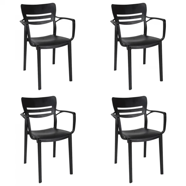Set 4 sedie da giardino esterno bar dehors moderne in polipropilene con braccioli nera Gemma