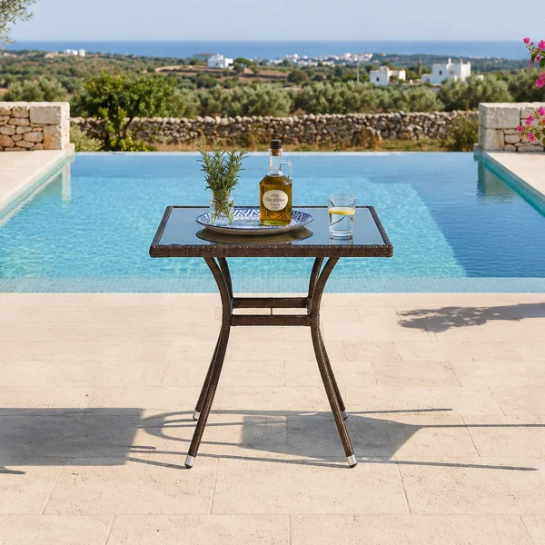 Tavolo da giardino con vetro 70x70cm rattan marrone Cubby