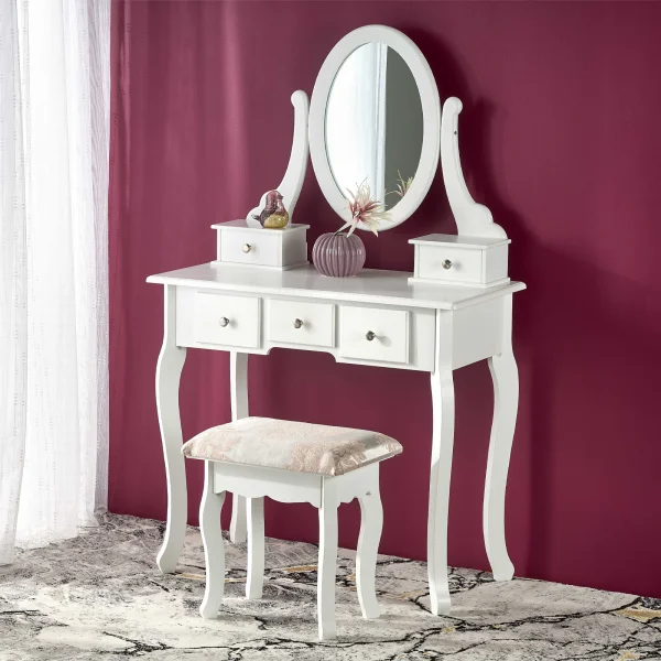Toeletta da trucco 80x130h cm con specchio e sgabello bianco Lyra