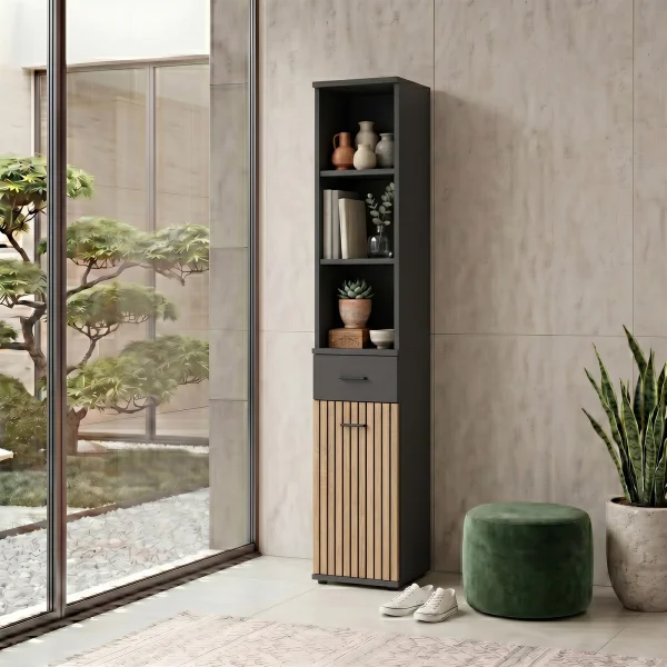Colonna con libreria 30x203h cm stampa a righe rovere rustico antracite California Gihome®