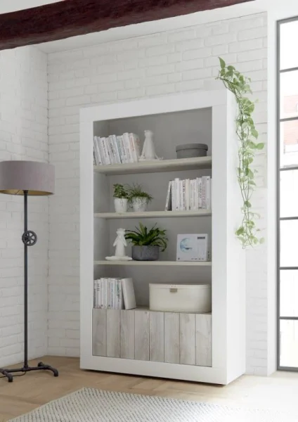 Libreria 110x190cm moderna 2 ante con ripiani bianco lucido bianco frassinato Florena