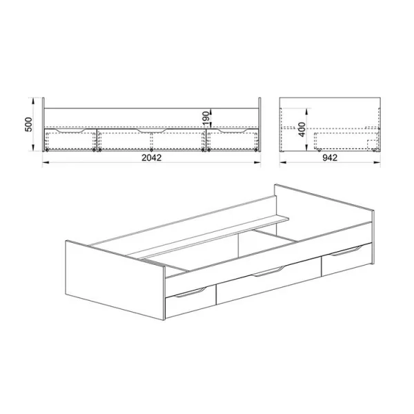 Letto 90x200cm singolo con cassetti estraibili noce Nicola