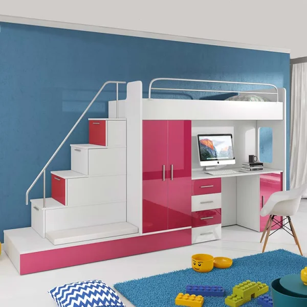 Cameretta bambini completa 2 letti singoli bianco rosa Diego Gihome®