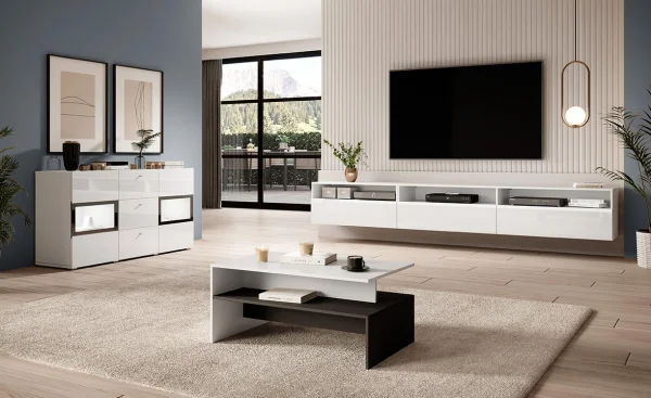 Credenza 132x70cm moderna 2 ante 3 cassetti rovere bianco nero Emotion Gihome®