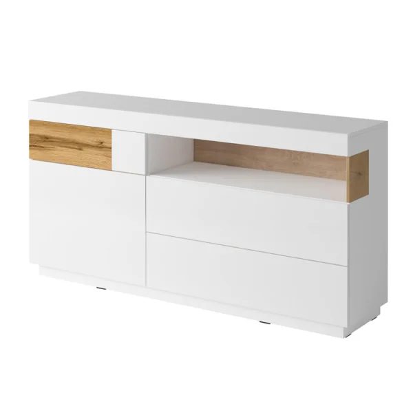 Credenza 1 anta 3 cassetti 169x85cm bianco lucido rovere Bahama