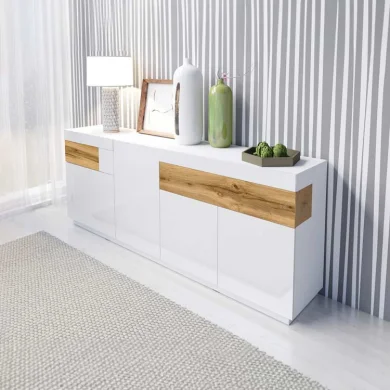 Credenza 219x85cm 4 ante 2 cassetti bianco lucido rovere Bahama