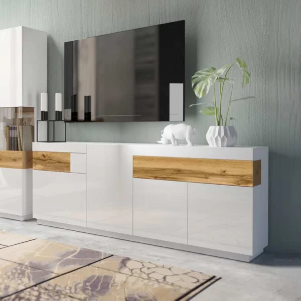 Credenza 219x85cm 4 ante 2 cassetti bianco lucido rovere Bahama