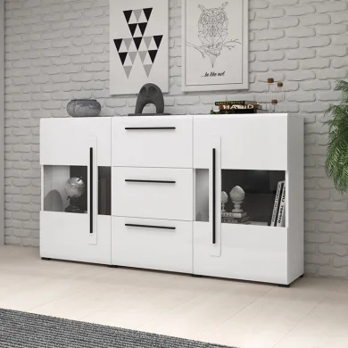 Credenza 180x103cm bianco opaco e lucido Maiorca moderna 2 ante 3 cassetti